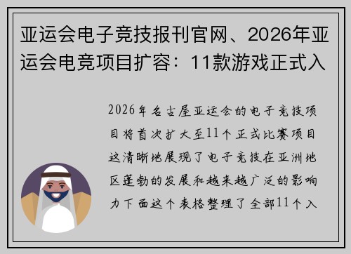 亚运会电子竞技报刊官网、2026年亚运会电竞项目扩容：11款游戏正式入围